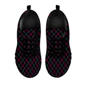 Black Pink And Blue Argyle Pattern Print Black Running Shoes