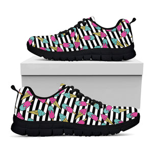 Black Striped Ice Cream Pattern Print Black Running Shoes