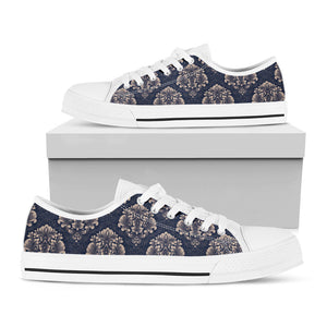 Blue And Brown Damask Pattern Print White Low Top Sneakers