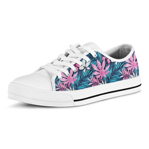 Blue And Pink Watercolor Hawaiian Print White Low Top Sneakers