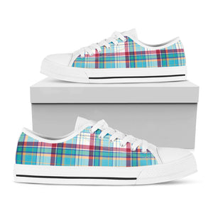 Blue And Red Madras Pattern Print White Low Top Sneakers