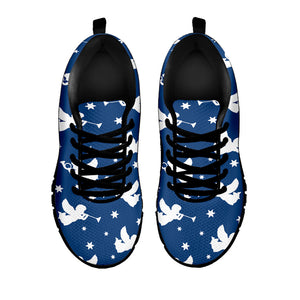 Blue And White Angel Pattern Print Black Running Shoes