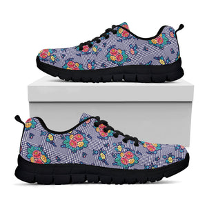 Blue And White Floral Glen Plaid Print Black Running Shoes