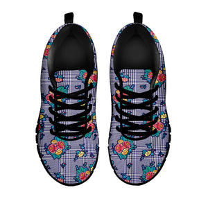 Blue And White Floral Glen Plaid Print Black Running Shoes