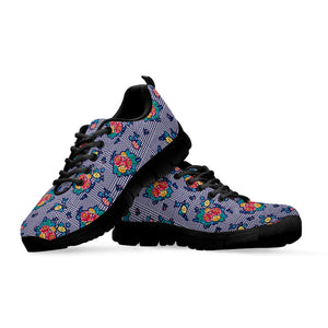 Blue And White Floral Glen Plaid Print Black Running Shoes