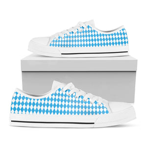 Blue And White Harlequin Pattern Print White Low Top Sneakers