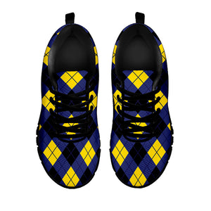 Blue Black And Yellow Argyle Print Black Running Shoes