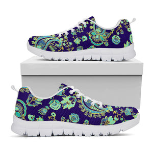 Blue Bohemian Paisley Pattern Print White Running Shoes