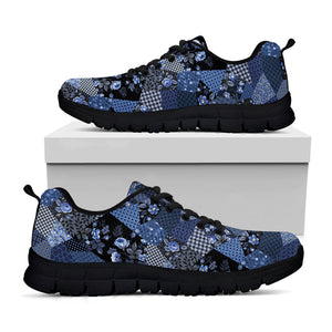 Blue Flower Patchwork Pattern Print Black Running Shoes