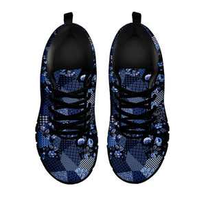 Blue Flower Patchwork Pattern Print Black Running Shoes