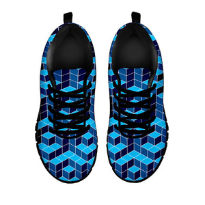 Blue Geometric Cube Shape Pattern Print Black Running Shoes