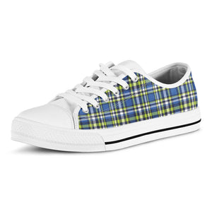 Blue Green And White Plaid Pattern Print White Low Top Sneakers
