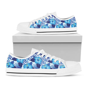 Blue Hibiscus Tropical Pattern Print White Low Top Sneakers