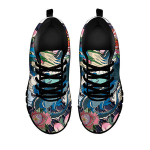 Blue Japanese Dragon Tattoo Print Black Running Shoes