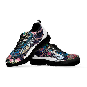 Blue Japanese Dragon Tattoo Print Black Running Shoes