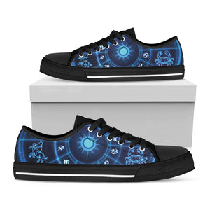 Blue Light Zodiac Circle Print Black Low Top Sneakers