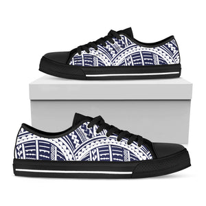 Blue Maori Polynesian Tattoo Print Black Low Top Sneakers