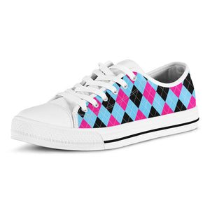Blue Pink And Black Argyle Pattern Print White Low Top Sneakers