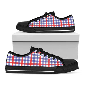Blue Red And White Check Pattern Print Black Low Top Sneakers