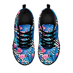 Blue Tropical And Pink Flamingo Print Black Running Shoes