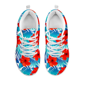 Blue Tropical Hibiscus Pattern Print White Running Shoes