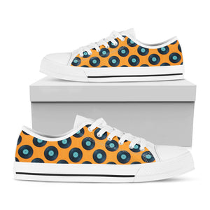 Blue Vinyl Record Pattern Print White Low Top Sneakers