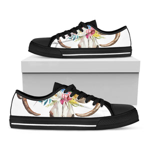Boho Floral Deer Skull Print Black Low Top Sneakers