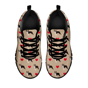 Boston Terrier Heart Pattern Print Black Running Shoes
