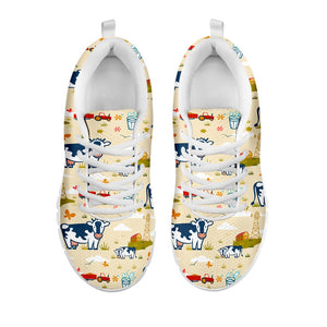 Cartoon Dairy Cow Farm Pattern Print White Running Shoes
