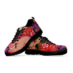 Cherry Blossom Kimono Pattern Print Black Running Shoes