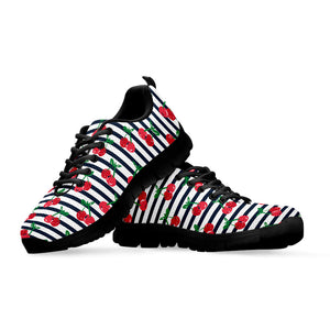 Cherry Striped Pattern Print Black Running Shoes