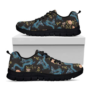 Chinese Dragon And Flower Pattern Print Black Running Shoes