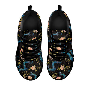 Chinese Dragon And Flower Pattern Print Black Running Shoes