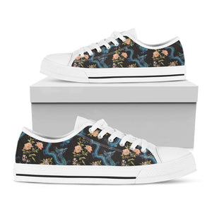 Chinese Dragon And Flower Pattern Print White Low Top Sneakers