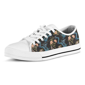 Chinese Dragon And Flower Pattern Print White Low Top Sneakers