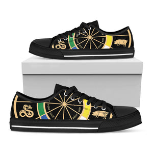 Chinese Zodiac Calendar Wheel Print Black Low Top Sneakers