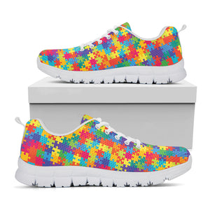 Colorful Autism Awareness Jigsaw Print White Running Shoes