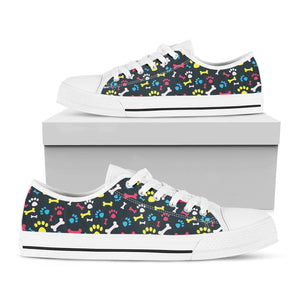 Colorful Paw And Bone Pattern Print White Low Top Sneakers