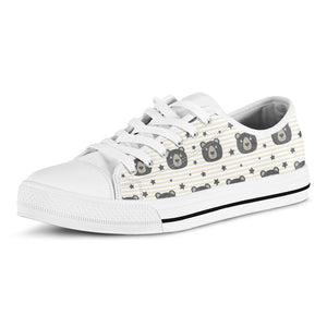 Cute Black Bear Pattern Print White Low Top Sneakers
