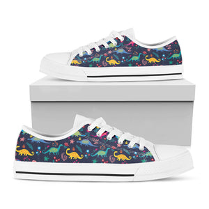 Cute Dino Floral Pattern Print White Low Top Sneakers