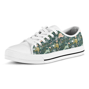 Cute Dino Tropical Leaves Pattern Print White Low Top Sneakers