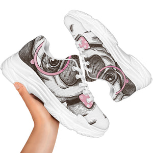 Cute Pug With Glasses Print White Chunky Shoes