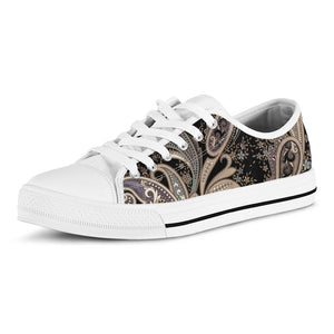 Dark Brown Paisley Pattern Print White Low Top Sneakers