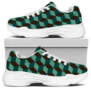 Dark Green Geometric Cube Pattern Print White Chunky Shoes