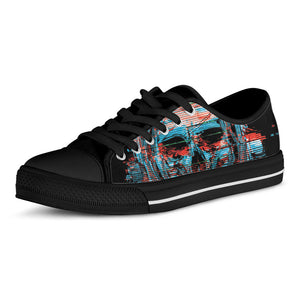 Digital Glitch Astronaut Skull Print Black Low Top Sneakers