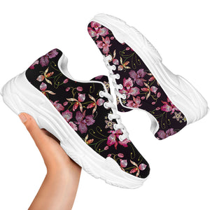 Embroidery Orchid Flower Pattern Print White Chunky Shoes
