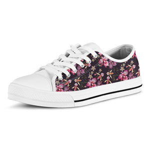 Embroidery Orchid Flower Pattern Print White Low Top Sneakers