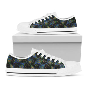 Embroidery Peacock Feather Print White Low Top Sneakers