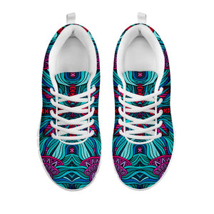 Ethnic Teal Bohemian Pattern Print White Running Shoes