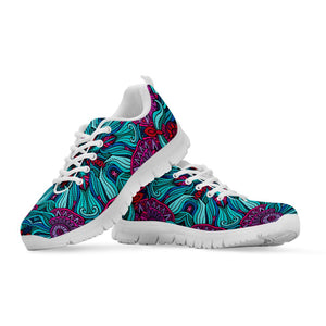 Ethnic Teal Bohemian Pattern Print White Running Shoes